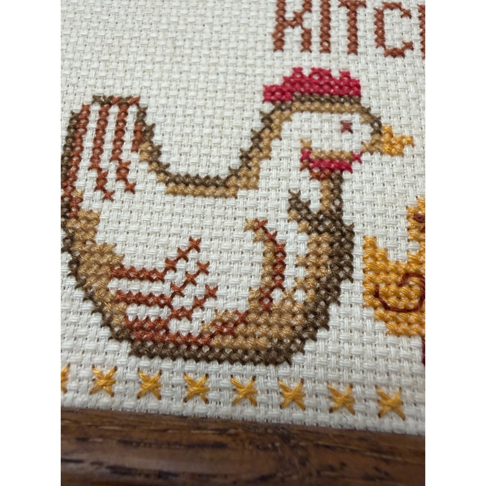 Vintage Chicken Cross Stitch Hen Rooster Farm Kitchen Rustic Decor Wood Frame - Picture 2 of 7